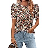 Zeagoo Blouse for Women Dressy Casual Puff Short Sleeve Boho Tops Fashion Floral Crew Neck Tunic Shirts Summer Clothes