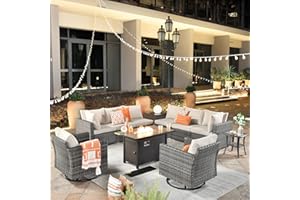 ovios 11 Piece Outdoor Patio Furniture Set with Fire Pit Table,Conversation Sectional Wicker Couch with Swivel Chairs,Modern Outside Sofa for Balcony Backyard (Beige)
