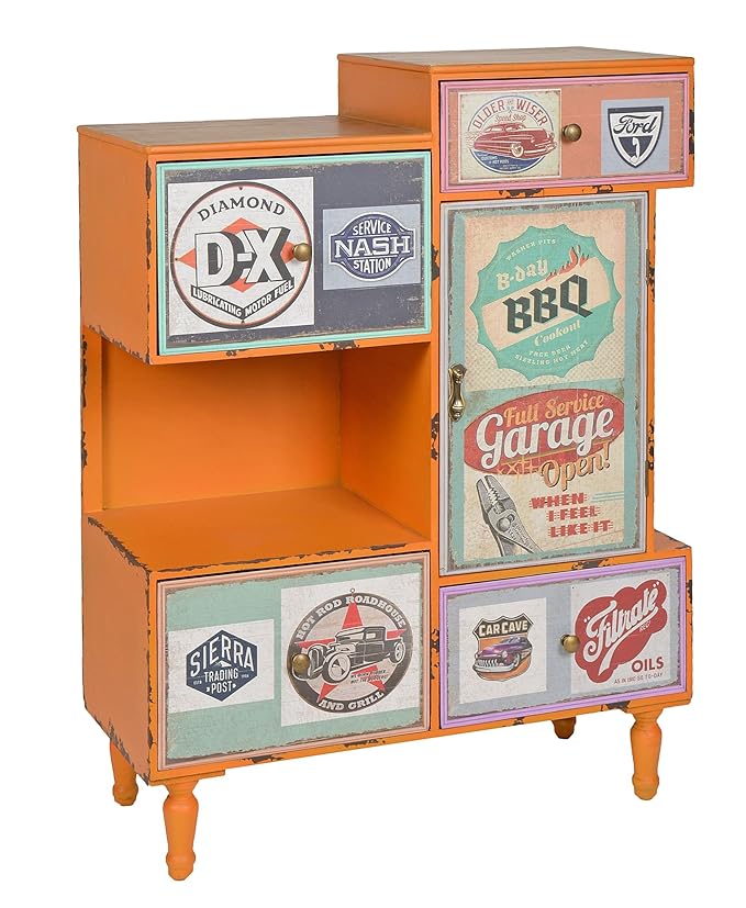 ts-ideen Kommode Regal Schrank Minibar Ablage Vintage Antik Industrie Design Used Style Holz Orange mit 4 bunten Schubladen F