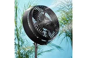 HOLMES 16" Outdoor Misting Stand Fan, Hose Connection, 3 Speeds, 3 Micro-Mist Levels, 80° Oscillation, Adjustable Height, 25° Head Tilt, GFCI Plug, Black