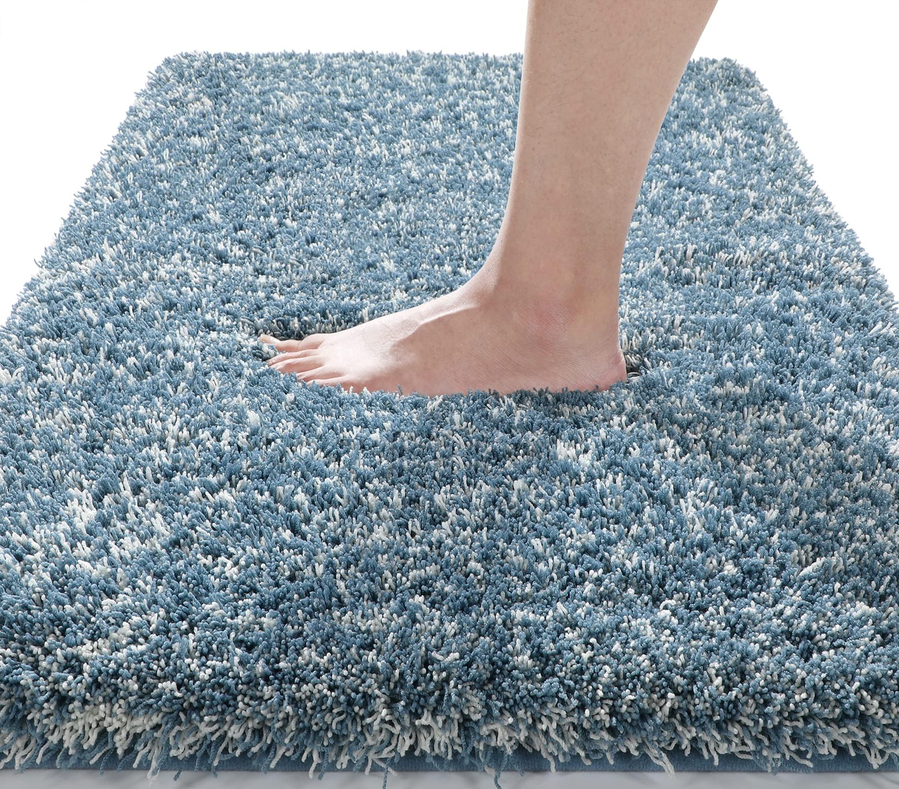 Yimobra Fluffy Plush Bath Mat, Super Soft Comfortable Non Slip, Water Absorbent Microfiber Bath Mat, Dries Quickly, Machine Washable Thick Bathroom Floor Rugs for Shower, 51 x 81 cm, Denim Blue