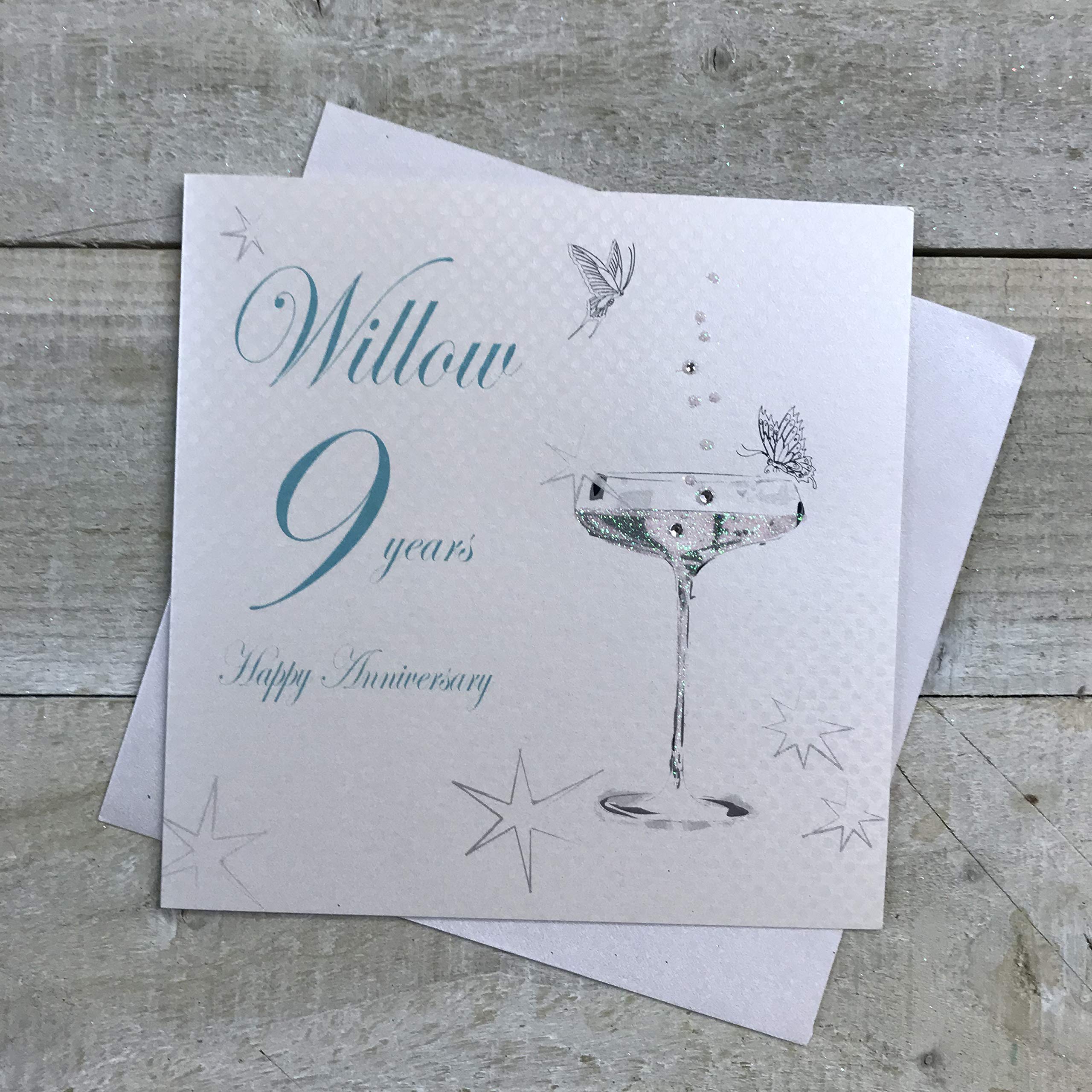 White Cotton Cards BD109C Coupe Glass "Happy Anniversary 'Willow' 9 Years" Handmade Anniversary Card, White