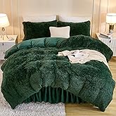 Andency Fluffy Emerald Green Comforter Set Queen Size, 3 Pieces Winter Faux Fur Warm Soft Fuzzy Plush Bedding Comforter Set (1 Velvet Comforter & 2 Pillowcases), Thick Heavy Puffy Comfy Bedding Set