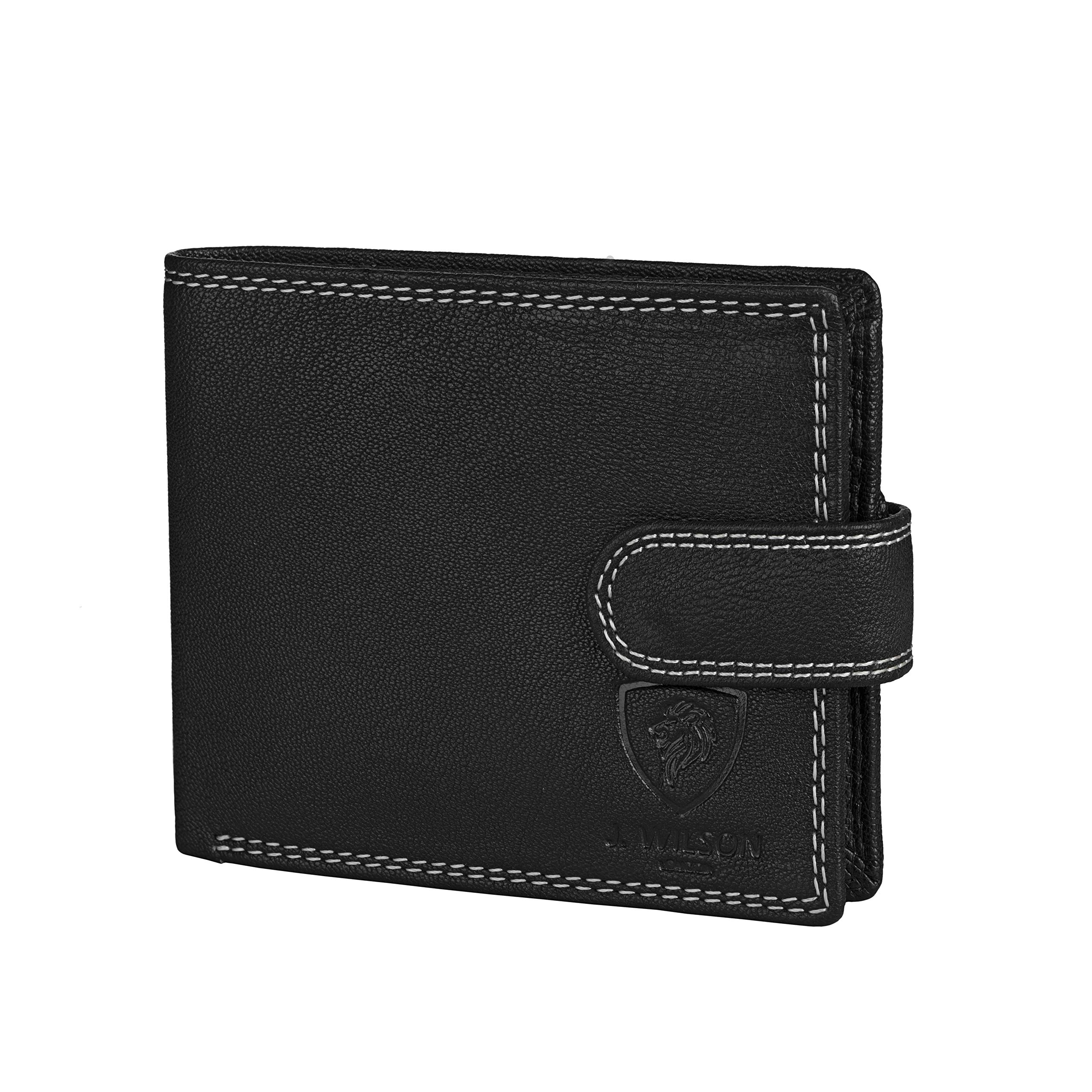 J. Wilson London RFID Blocking Protection Genuine Leather Mens Wallet with Zip Coin Pocket Gift Boxed (Black)