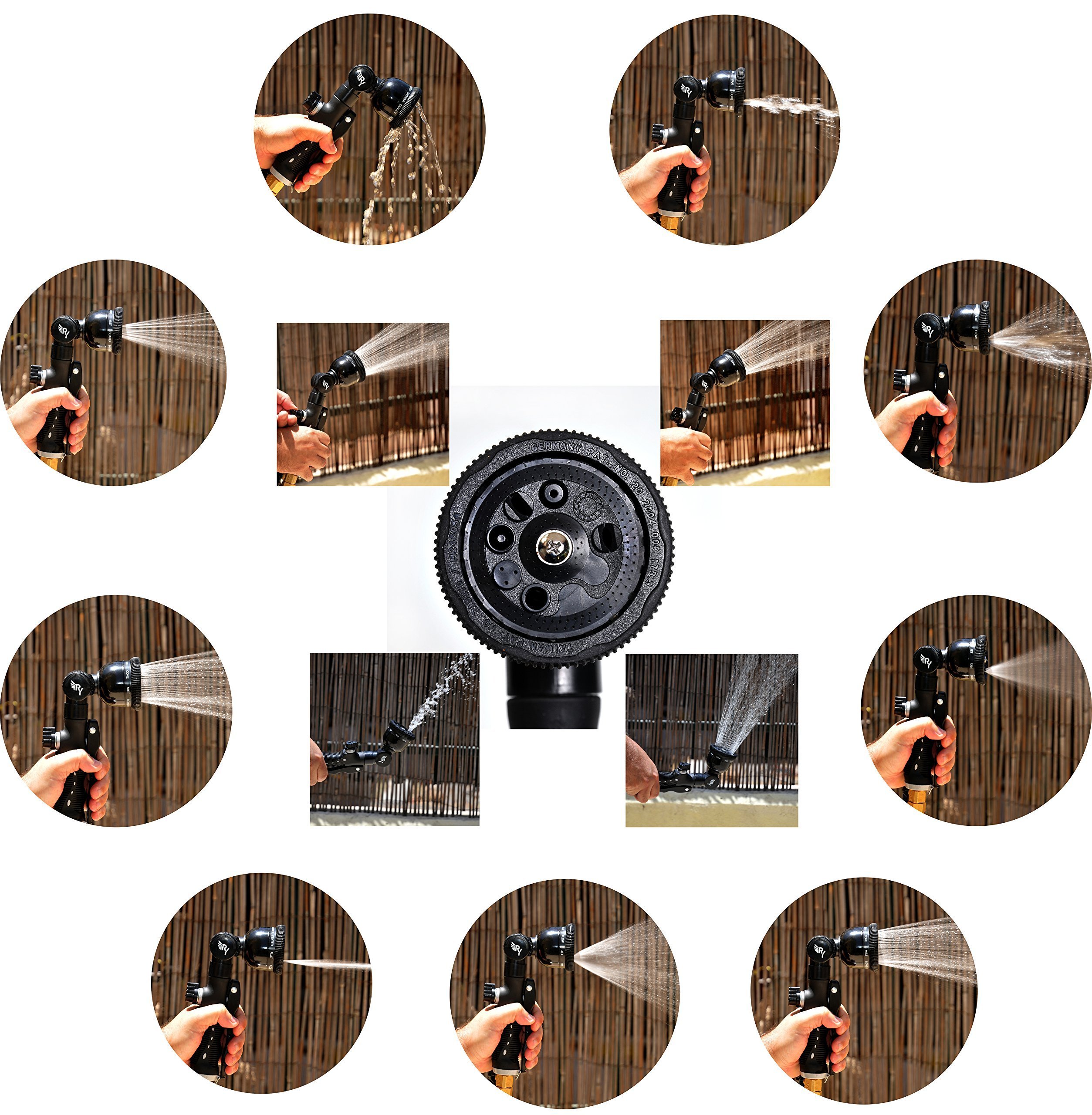 RAAYA GARDEN HOSE NOZZLE sprayer Swivel wand - Heavy Duty 9 Adjustable Pattern Pistol Grip Back & Front Trigger, Flow Control, Ergonomic, Watering & Cleaning: Car, Lawn, Pets – Maximum Satisfaction