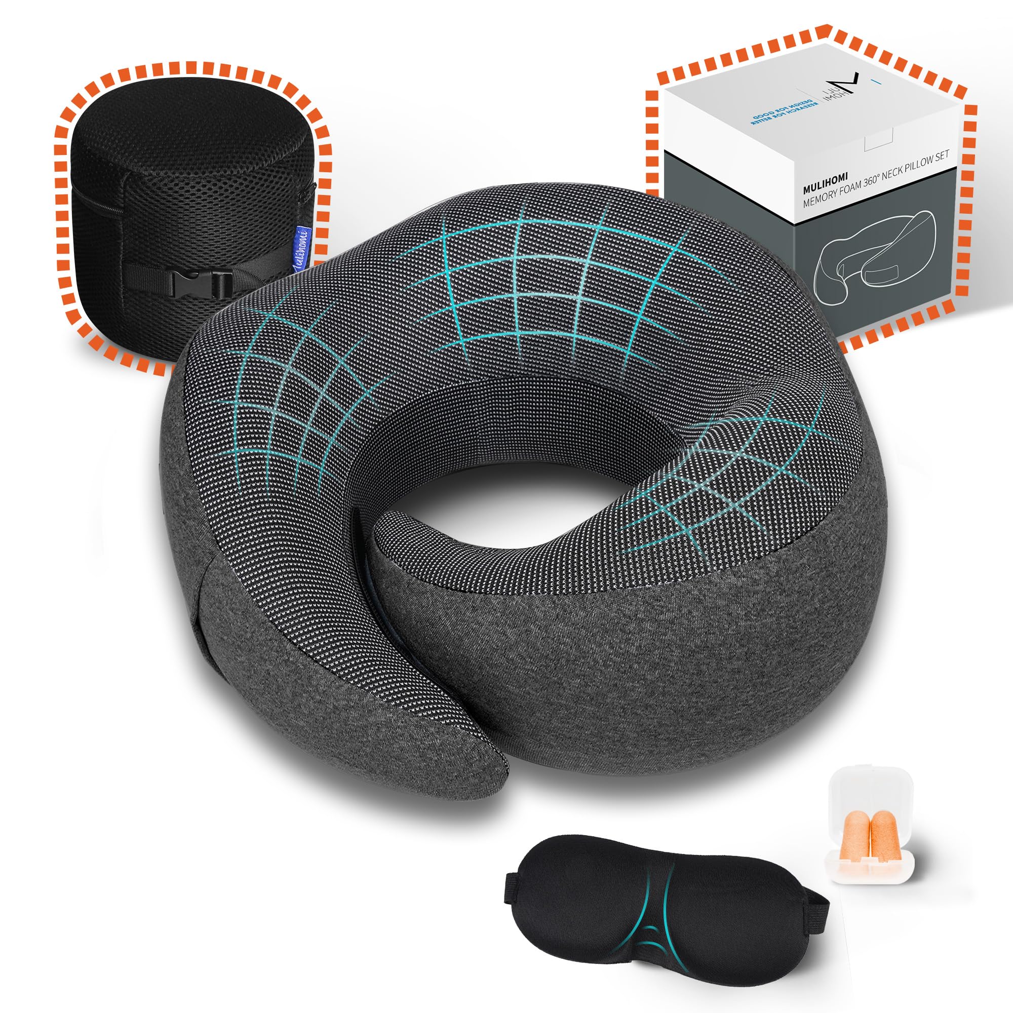 Photo 1 of MULIHOMI New Packaging Updated Travel Pillow for Airplane with 100% Memory Foam, 360° Adjustable Full Surrounding Flying Neck Pillows, Travel Pillow Set with 3D Eye Masks, Earplugs (Black)