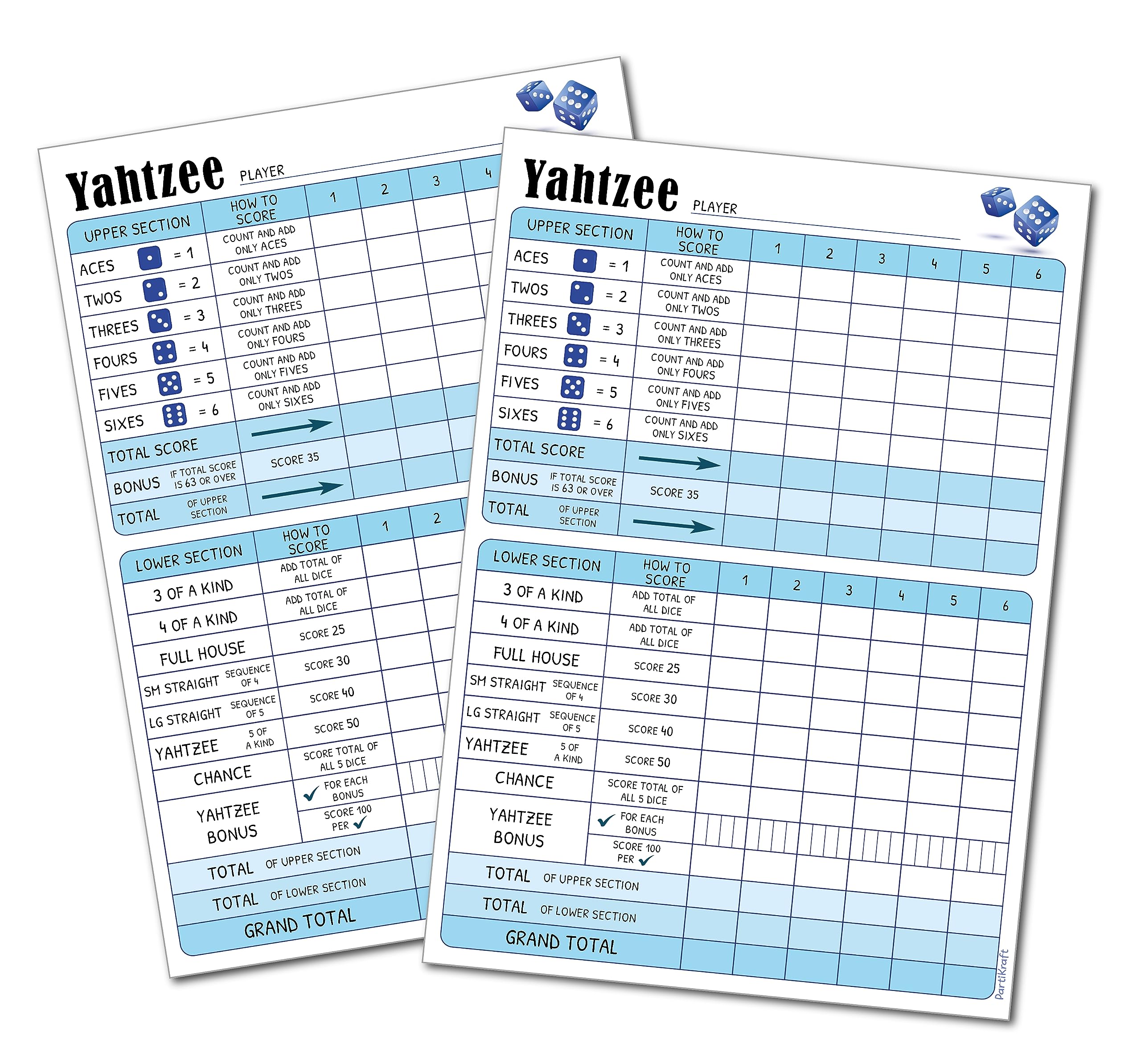 PartiKraft - 2 x Yahtzy Score Pads - 50 Tear Off Game Sheets per Pad - A5 Size - 6 Games on Each Sheet (2 x Notepads)