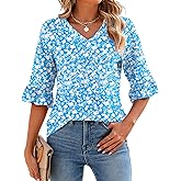 LOMON 3/4 Length Sleeve Womens Tops Summer V-Neck Blouses Spring Ruffle Sleeve Tunic T-Shirts Dressy Casual
