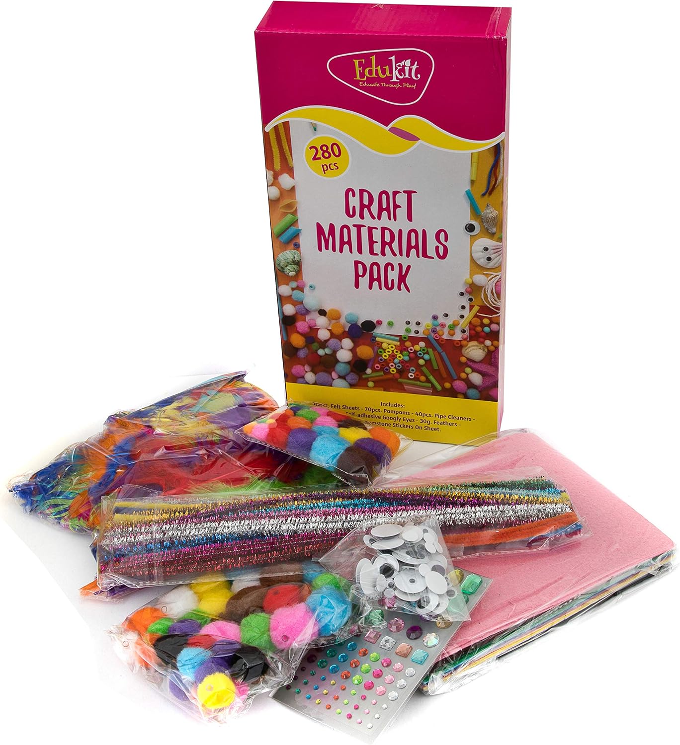 edukit Crafting Kit, 280 Pieces, Inc Pipe Cleaners, Pompoms, gems, Googly Eyes, Felt & Feathers, Various Sizes and Colours - Image 5