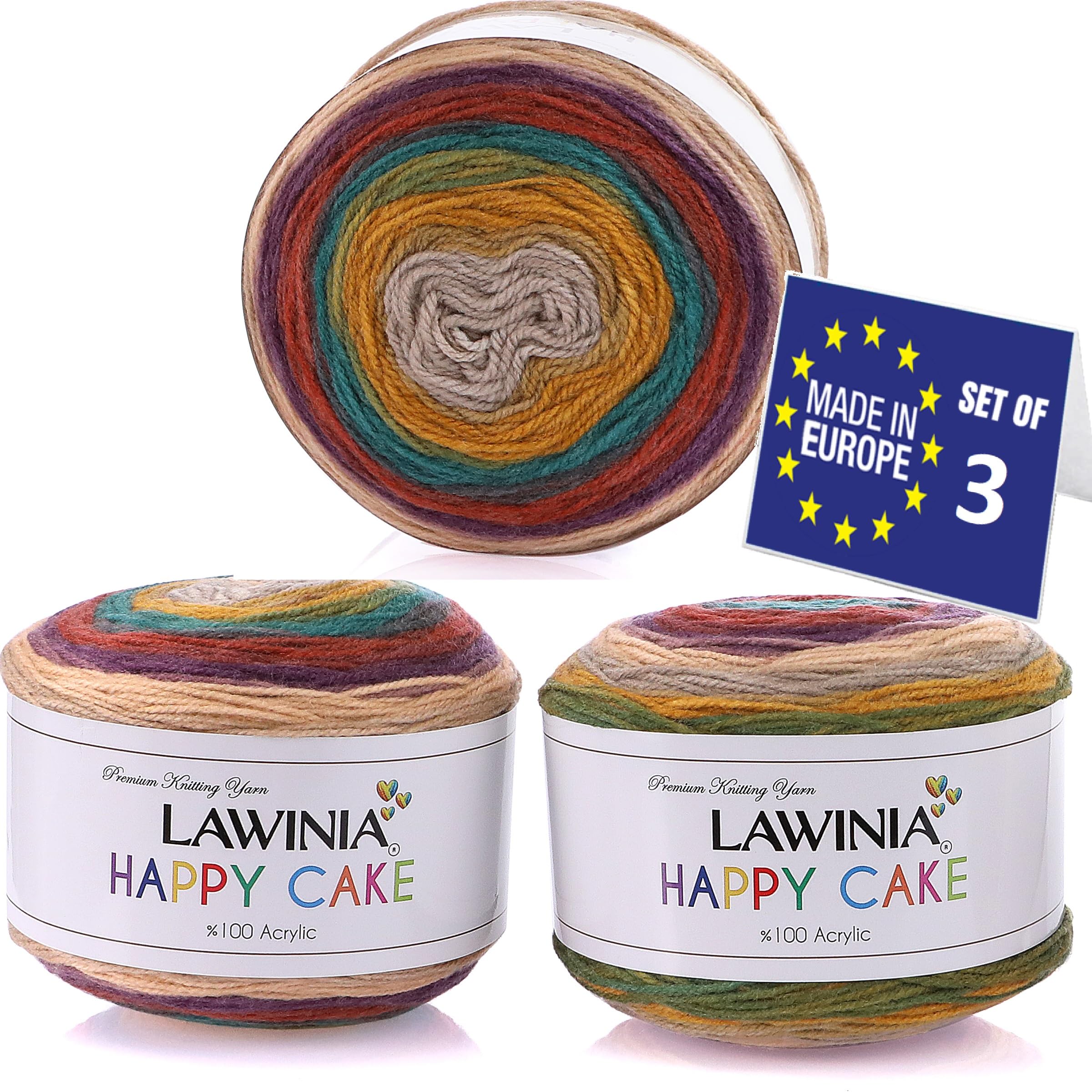 LAWINIA Happy Cake Premium Rainbow Yarn DK, Pack of 3 Each 150g - 530m Cake DK Knitting Yarn, Gradient Rainbow Wool for Knitting, Multicoloured Wool