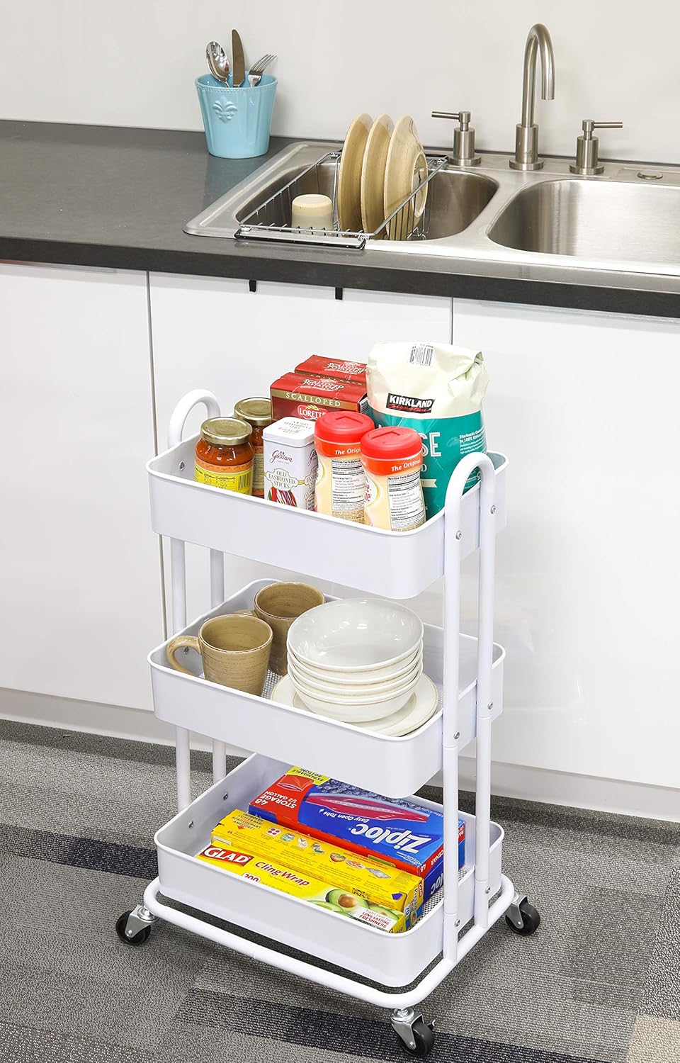SimpleHouseware Heavy Duty 3-Tier Metal Utility Rolling Cart, White : Office Products