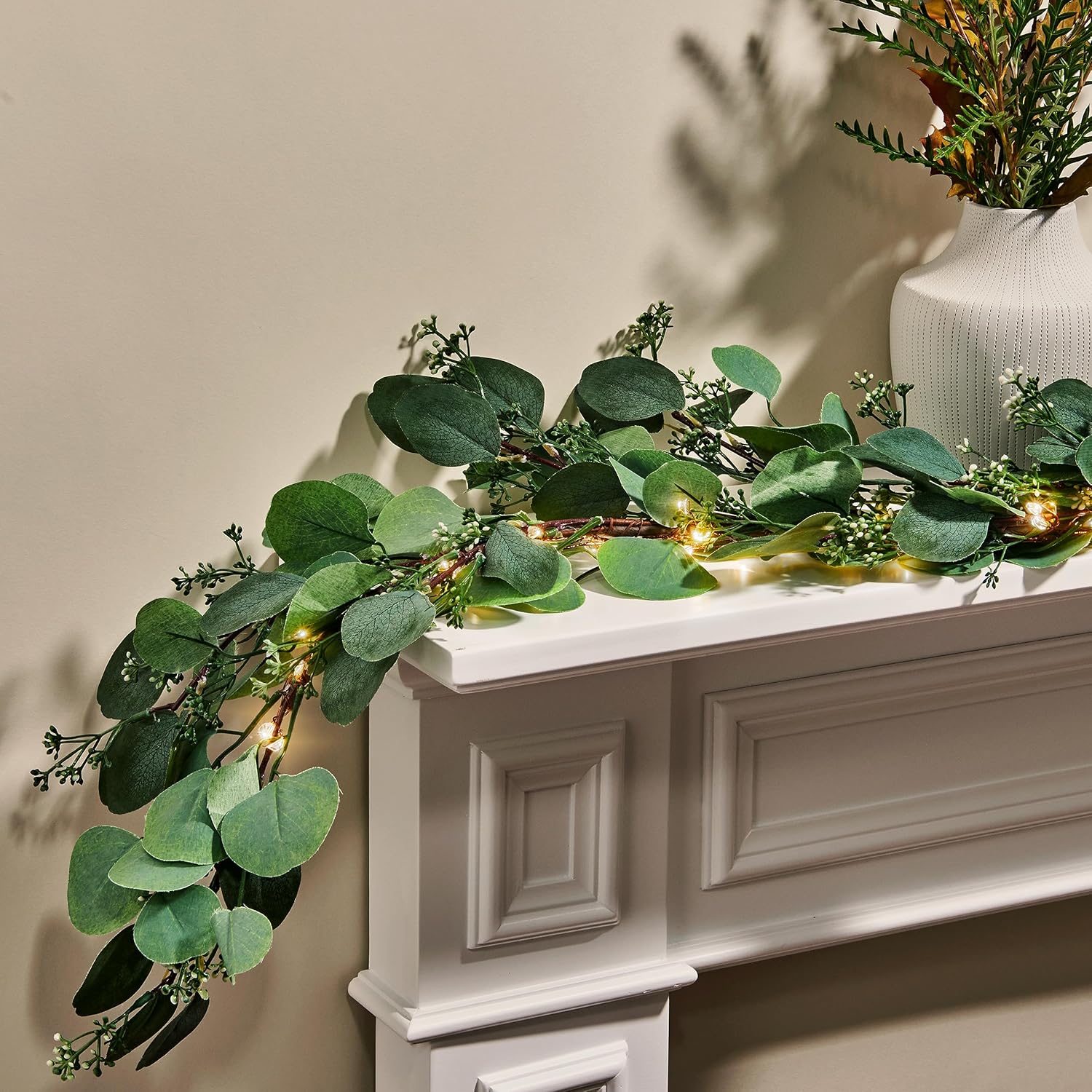 Wreaths, Garlands & Swags - Faux Eucalyptus Garland with Lights - 6FT Greenery Garland, 120 LED Lights, Lambs Ear Garland, Battery Powered Ivy Garland with Lights, Eucalyptus Garland for Table Room Decor