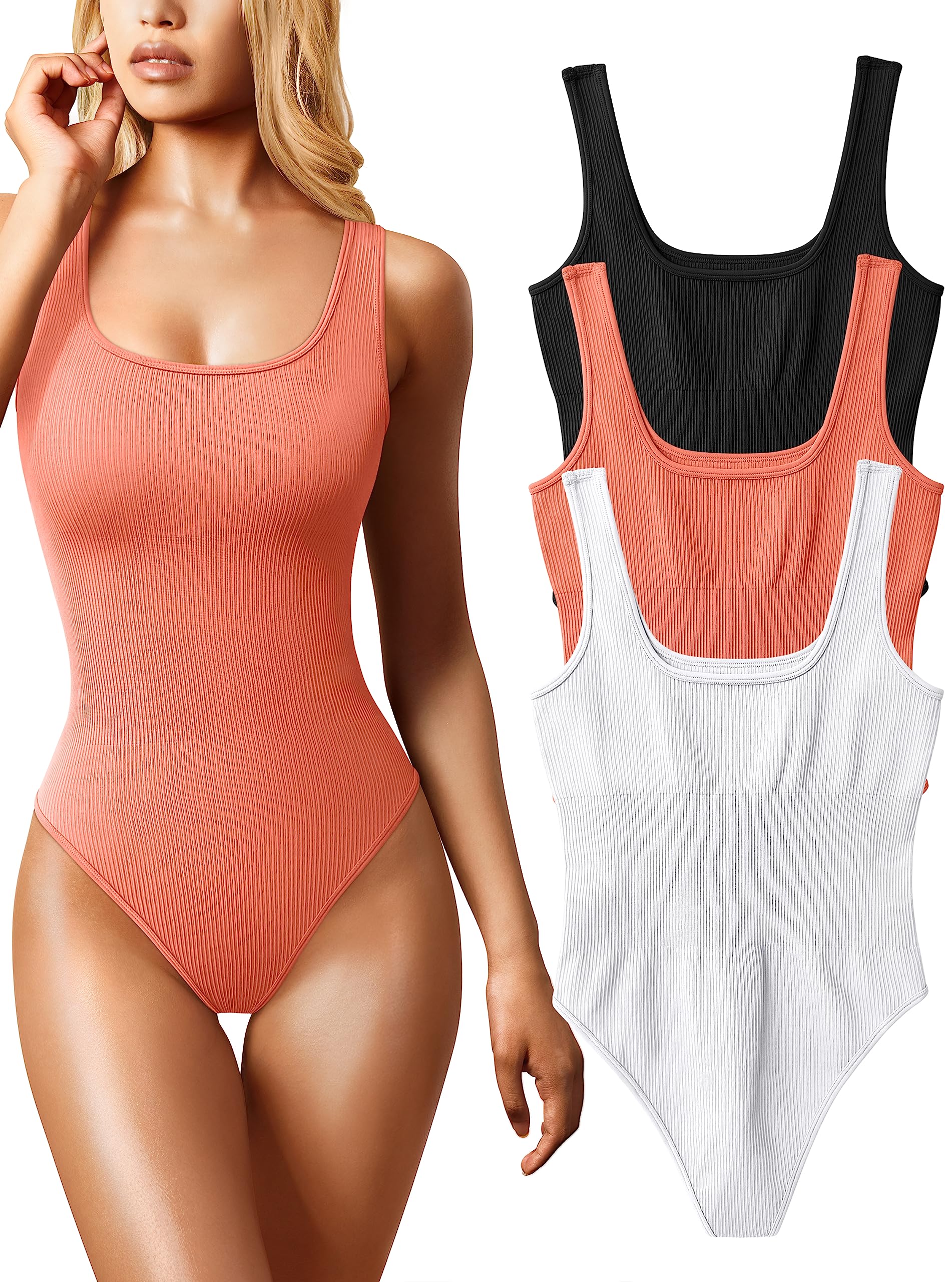 Photo 1 of ***MISSING BLACK ONE/ONLY 2**OQQ Women's 3 Piece Bodysuits Sexy Ribbed Sleeveless Square Neck Tank Tops Leotard 2025 Trendy Outfits Black Coral orange White MEDIUM