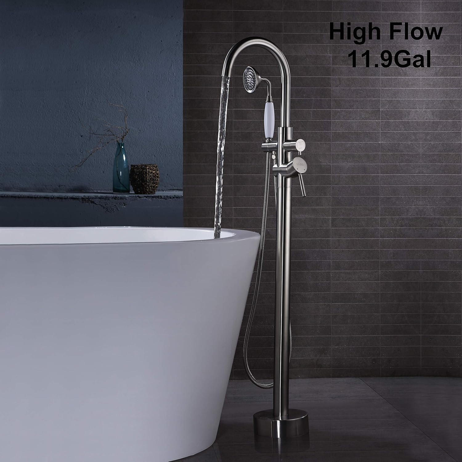 Freestanding Bathtub Faucet Tub Filler Brushed Nickel High Flow Rate 11