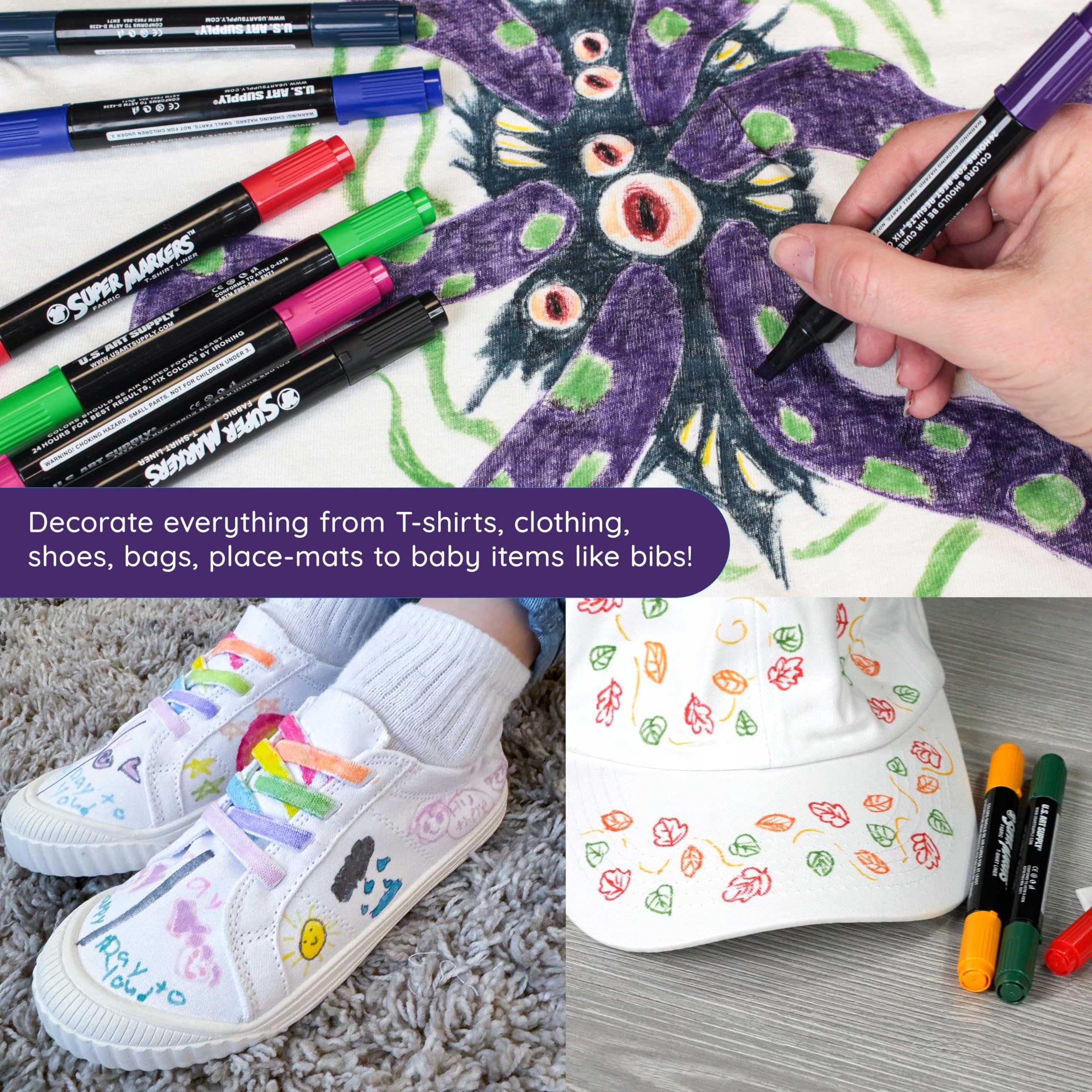 U.S. Art Supply Super Markers 20 Unique Colors Dual Tip Fabric & T-Shirt Marker Set-Double-Ended Fabric Markers with Chisel Point and Fine Point Tips - 20 Permanent Ink Vibrant and Bold Colors