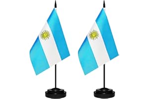 BCLIN Argentina Desk Flag Set, 2 Pack Argentine Table Office Flags, Small Mini Desktop Flag With 12" Solid Black Pole, Black Base, Miniature Desktop Flag