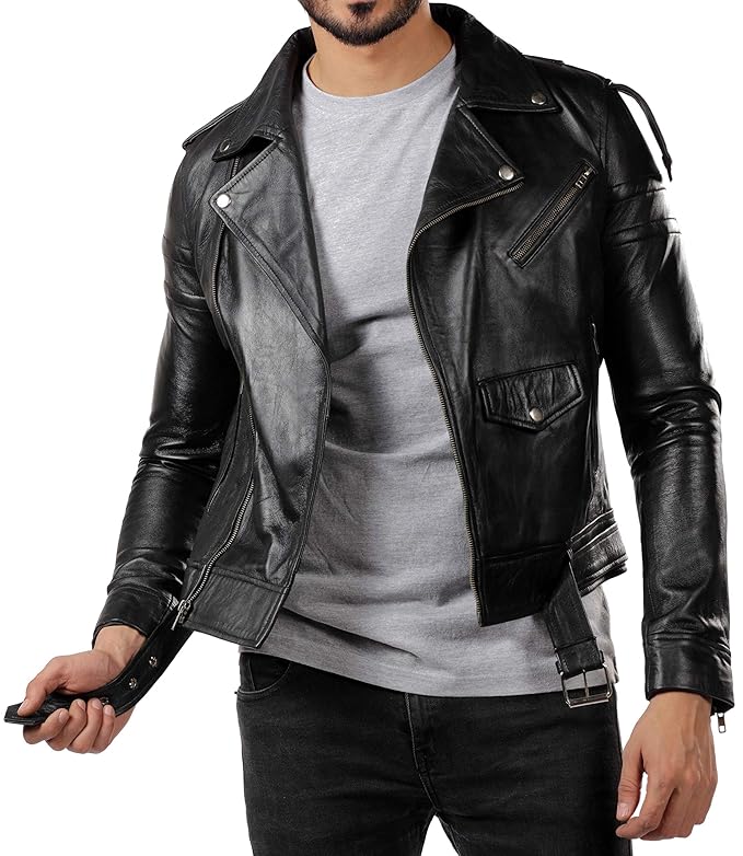 Lederjacke Herren - Schwarzes Motorrad Cafe Racer Biker Lederjacken (L)