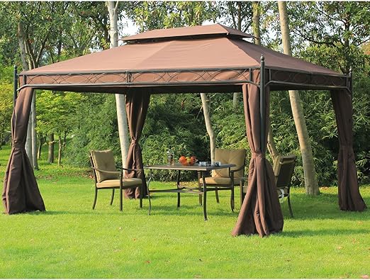 Outsunny 10x13ft Garden Gazebo Double Tiered With Curtain Outdoor Shelter Backyard Canopy Coffee Amazon Ca Patio Lawn Garden