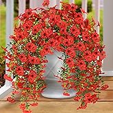 Sggvecsy Artificial Fake Hanging Flowers Plants for Outdoor Outside Spring Summer Decoration 2PCS Faux Silk UV Resistant Realistic Mums Daisy with Eucalyptus for Home Porch Patio Balcony(Red)