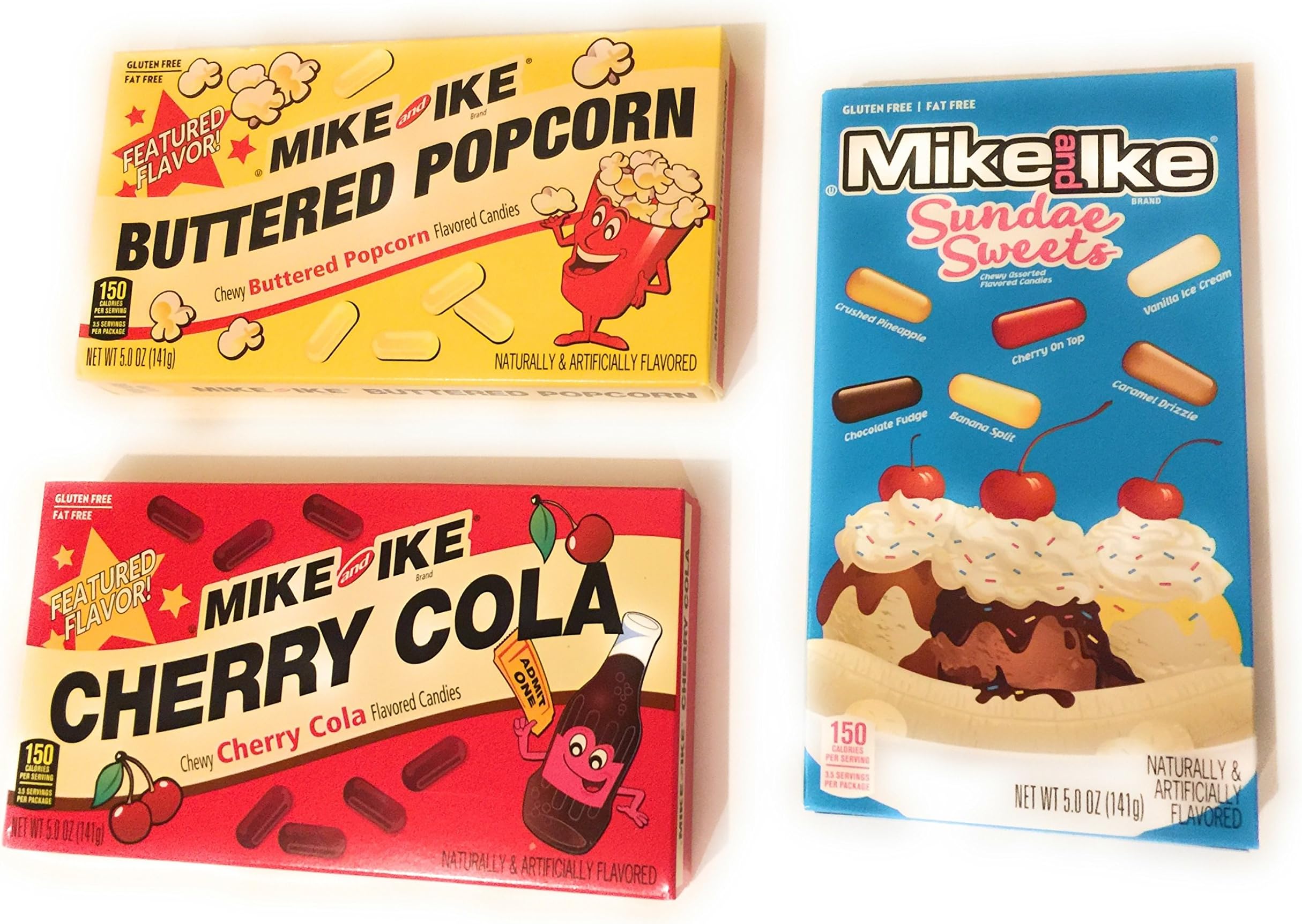Mike and Ike Movie Bundle - 3 Items with Buttered Popcorn Flavor, Cherry Cola Flavor and Ice Cream Sundae