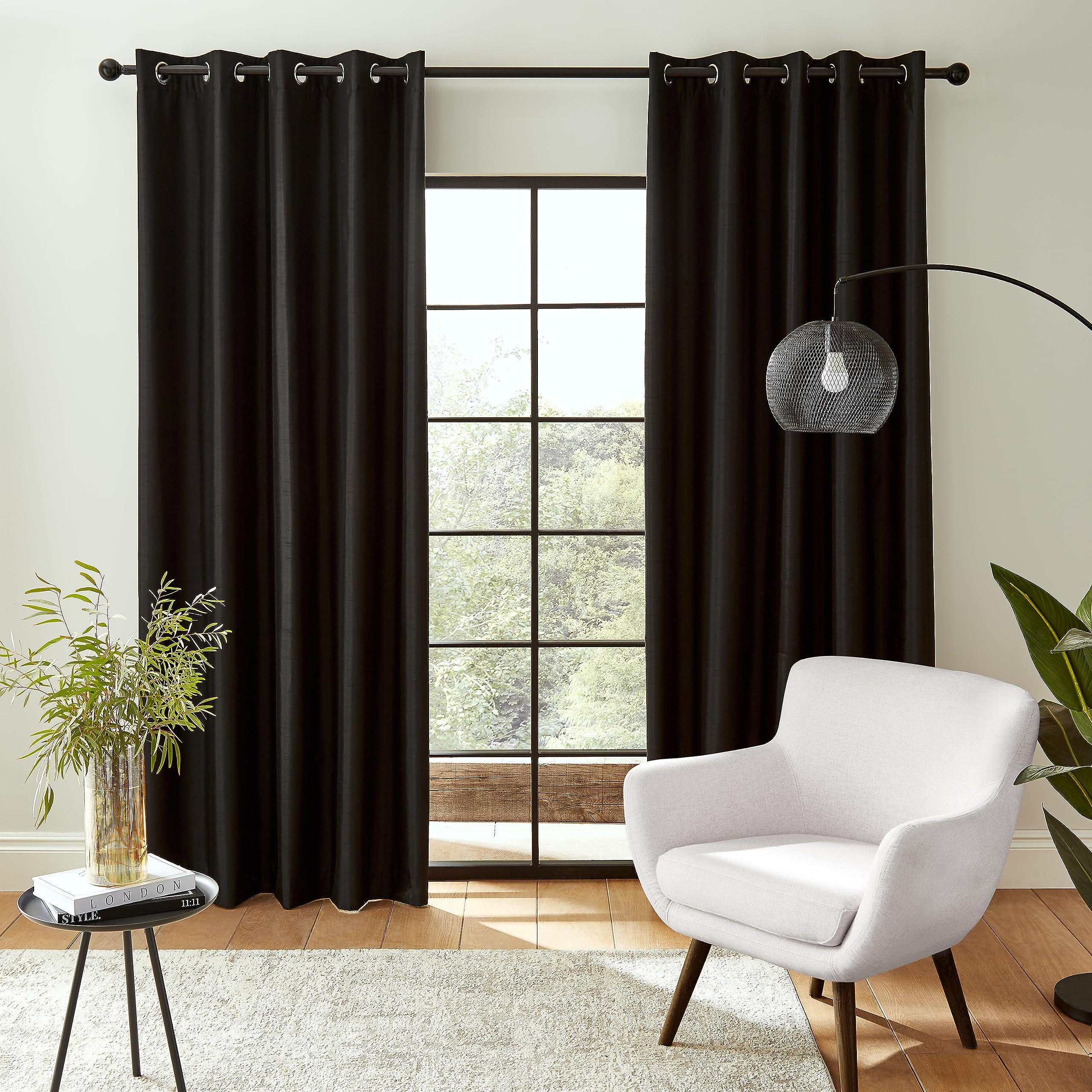 Catherine Lansfield Downstairs Faux Silk 66x90 Inch Blackout Thermal Insulating Eyelet Curtains Two Panels Black