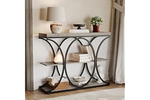 39.37 Inch Narrow Console Table with Black Geometric Metal Frame, Industrial Entryway Sofa Table with 3-Tier Storage Shelves 