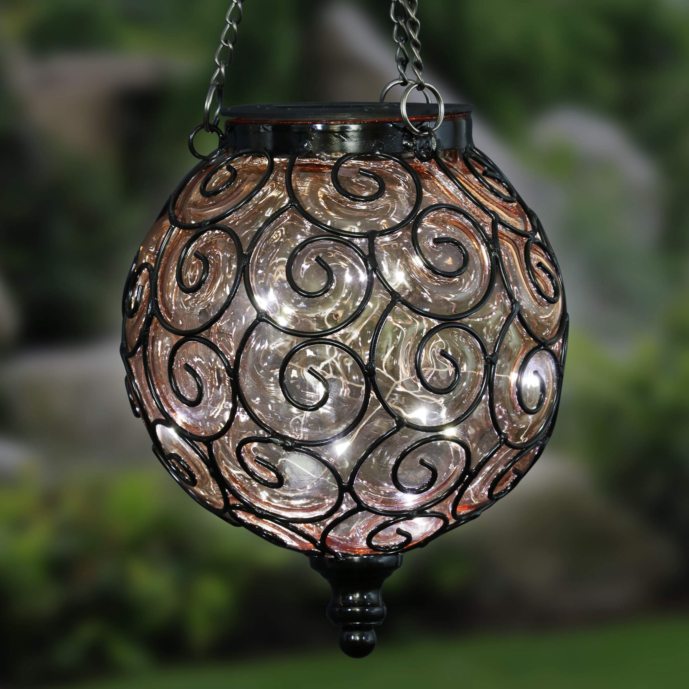 Exhart Solar Hanging Lantern, Handblown Amber Glass – Round Hanging Lantern Light w/ 12 LED Firefly String Lights, Metal & Glass Lantern Decorative Orb for Outdoor Décor (7in l x 7in w x 20in h)