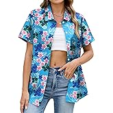 NQIQO Hawaiian Shirts for Women Floral Short Sleeve Button Down Shirt Summer Tropical Beach Tops
