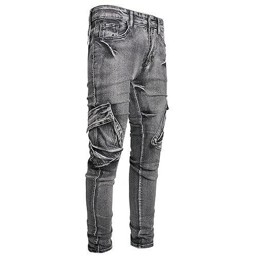 Mens Jeans Skinny Fit Stretch Grey Slim Fit Cargo Jeans for Men