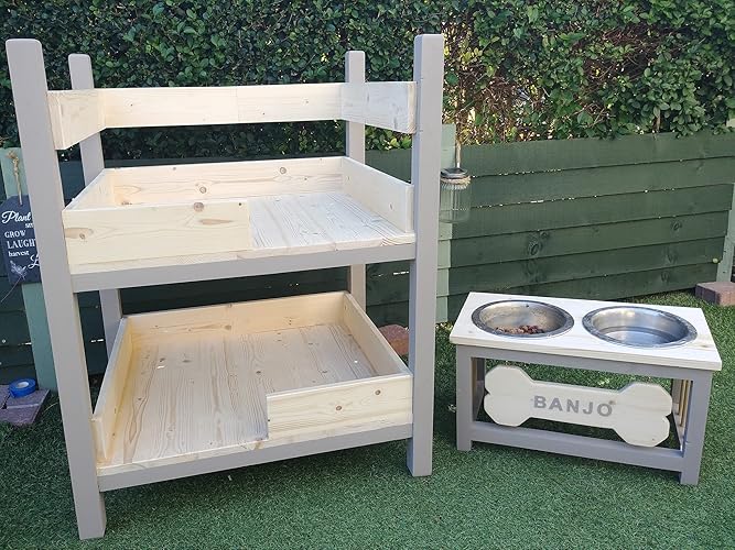 Handmade, wooden dog bunk bed, with ramp, and dog feeder/bowl stand