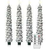 Velsyn 4 Pack Christmas Tree Candles Covered in Snow with Remote, 11 Inch Real Wax flameless Taper Candles, LED Candle Battery Operated with 3D Flickering Flame, Green Candlesticks Christmas Decor