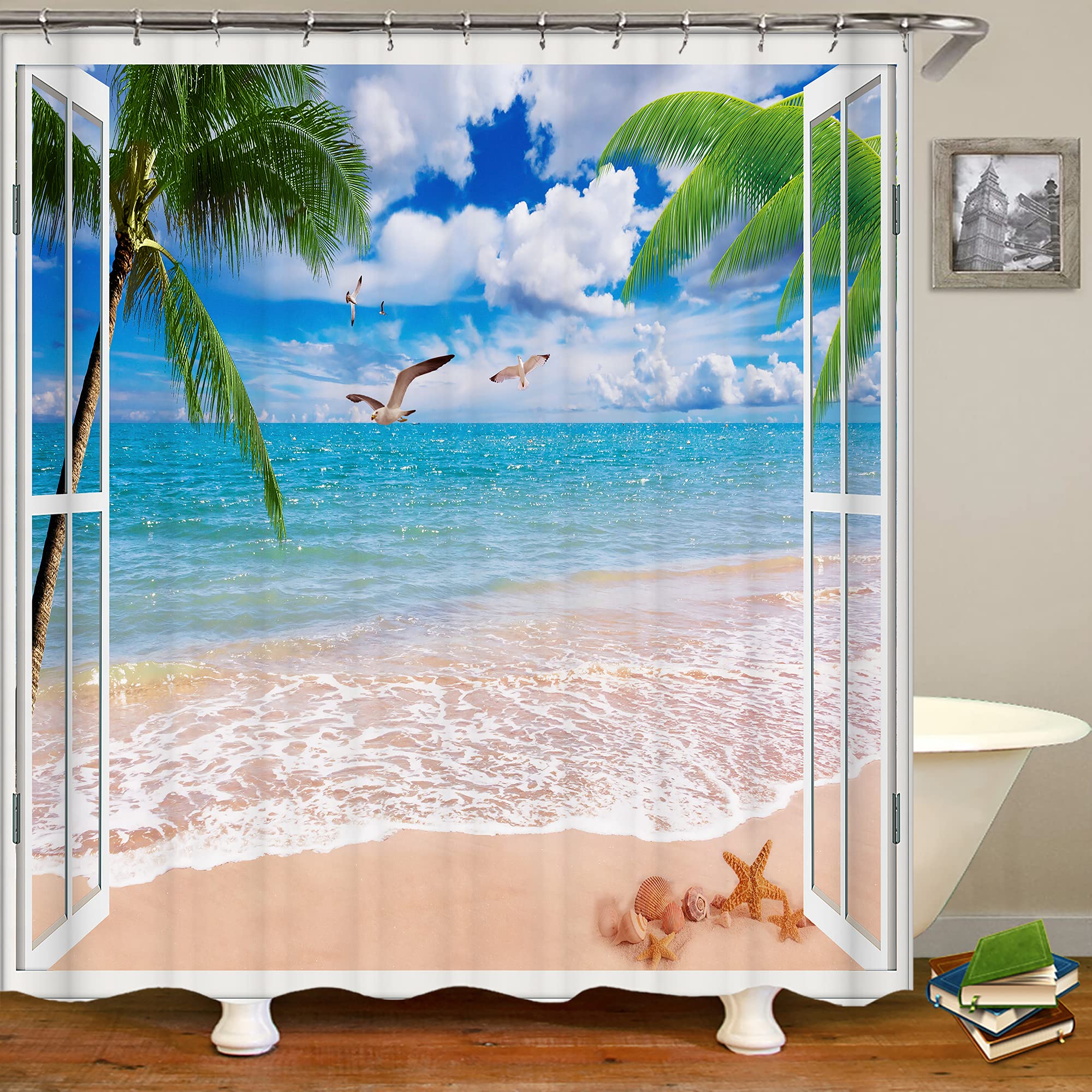 JIANGLANY Window View Ocean 3D Shower Curtain Sunny Sky with White Clouds Seagull Palm Tree and Starfish and Conch Beach Scenery Bathroom Decoration Garden Outdoor Curtains with Hooks 72Wx72L inch