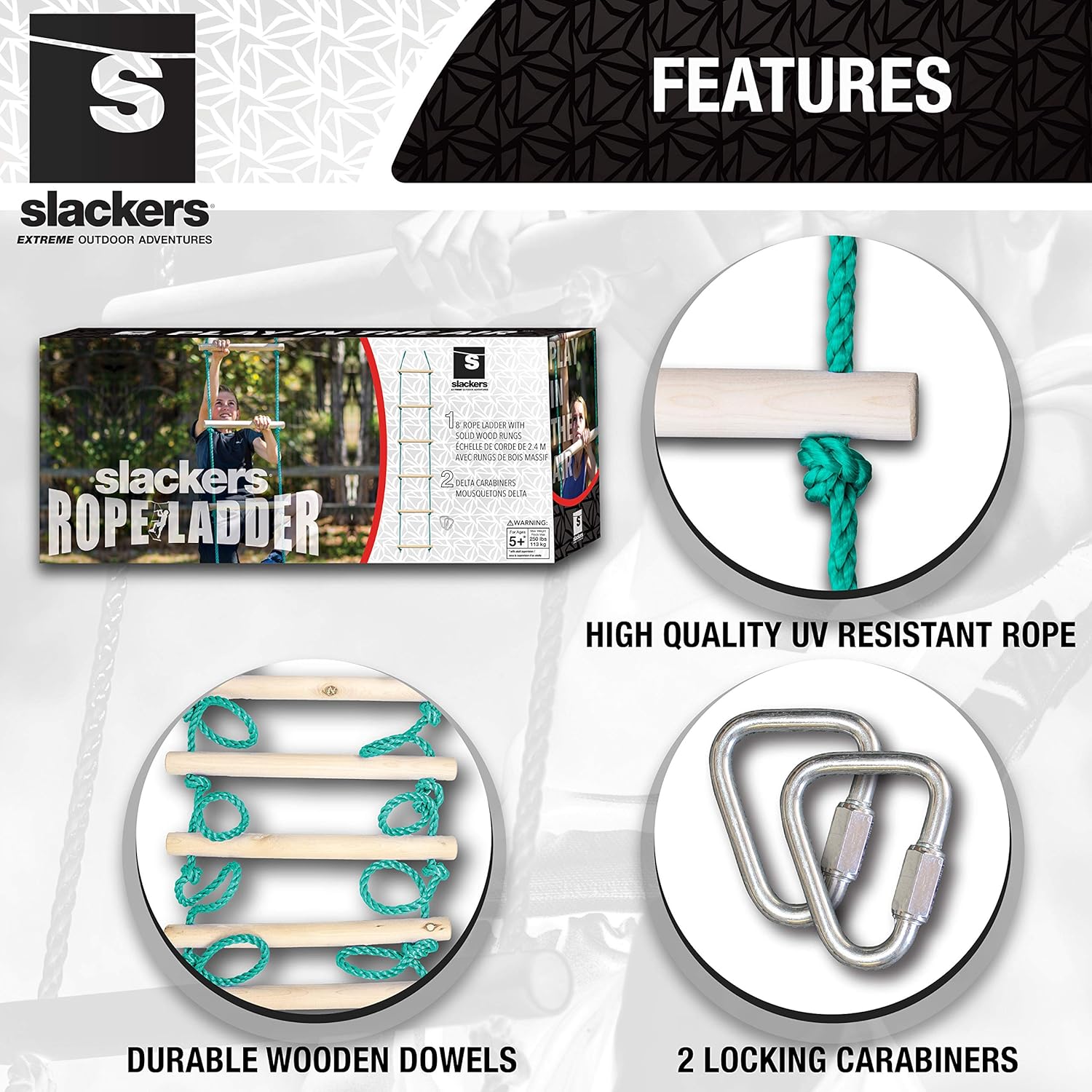 Slackers 8 ft Rope Ladder - Best Outdoor Ninja Warrior Training Equipment For Kids - A Great Addition To Your Backyard Ninjaline Obstacle Course - Rated Ages 5+: Toys & Games