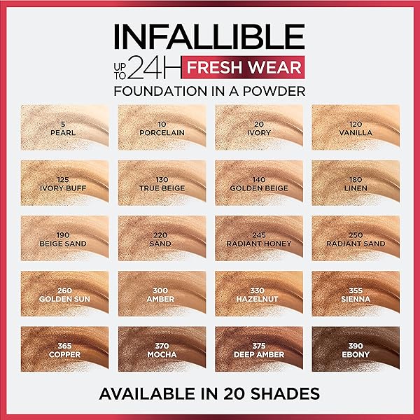 L’OREAL PARIS MAKEUP INFALLIBLE FRESH WEAR FOUNDATION IN A POWDER, UP TO 24H WEAR, WATERPROOF, RADIANT HONEY, 0.31 OZ.