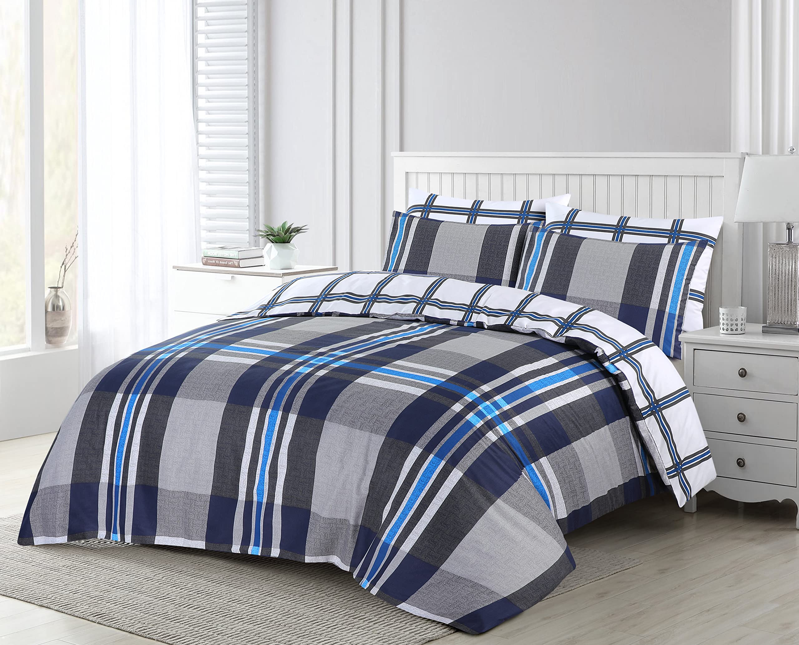 SeventhStitch Print Duvet Cover 3 Piece, 100% Cotton Percale 200 Thread Count Fully Reversible Stripe Quilt Covers White | Red | Black | Bedding Sets Double King Super King Size (King)