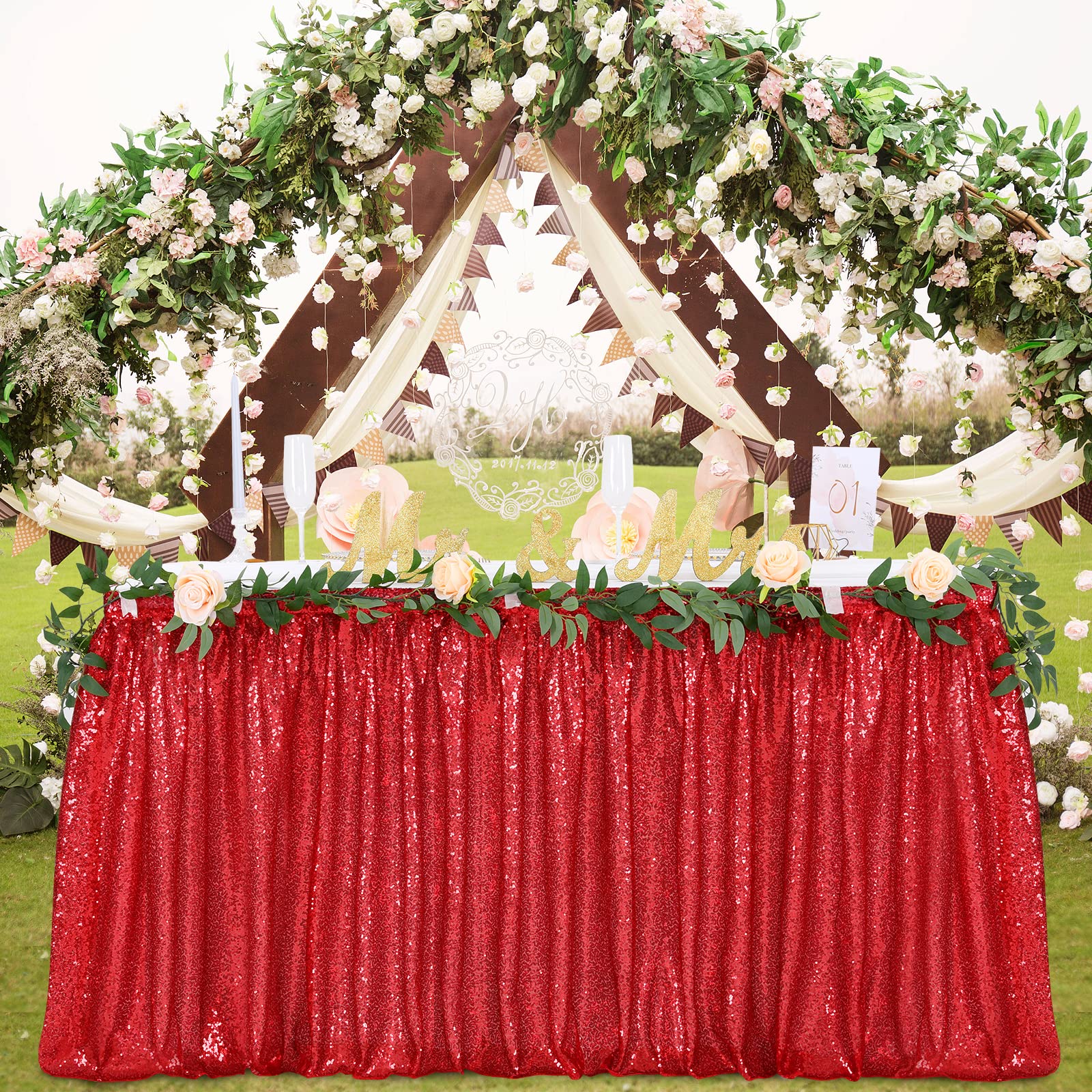 Red Sequin Table Skirt 9ft for Rectangle Square