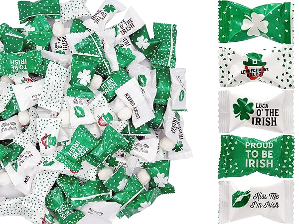 ST. PATRICK’S IRISH BUTTERMINTS, MINT CANDIES, PACK OF 55 AFTER DINNER MINTS, BUTTER MINT CANDY, GREEN LEPRAUCHAN DESIGN, FAT-FREE, INDIVIDUALLY WRAPPED (55 PIECES)