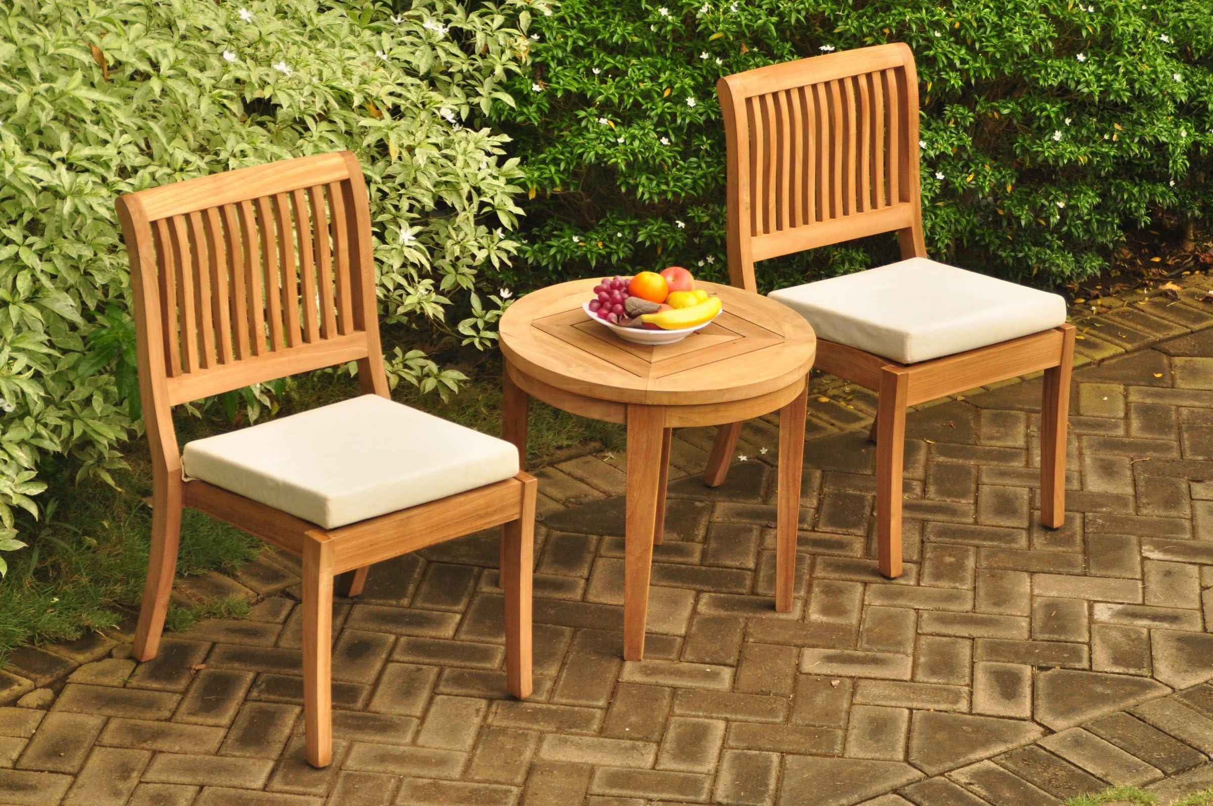 WholesaleTeakFurniture Grade-A Teak Wood Dining Set 2 Seater 3 Pc: 23.5" Noida Round Side Table and 2 Arbor Stacking Armless Chairs #WFDSAB49