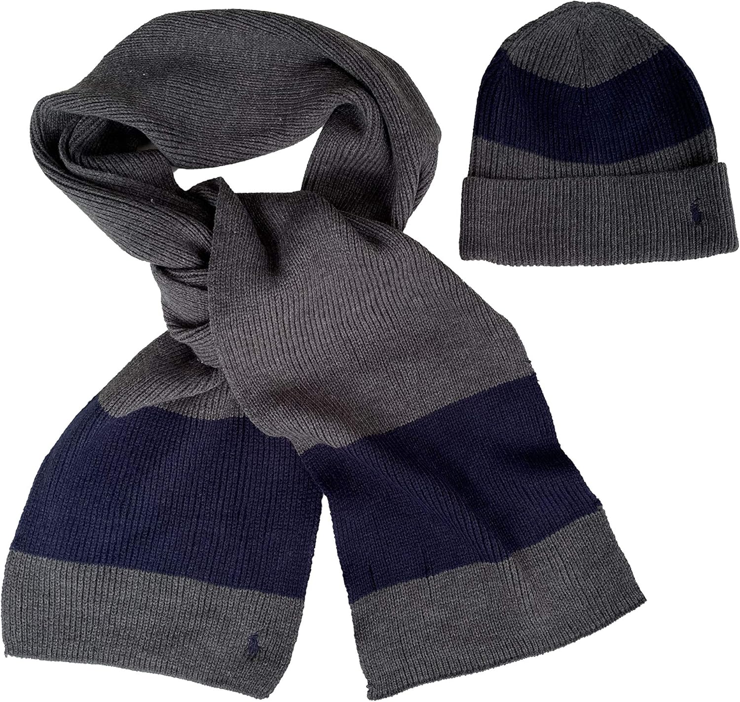 Polo Ralph Lauren Men`s Classic Ribbed Hat and Scarf 2 Piece Set (Grey(PP0246015)/Navy, One