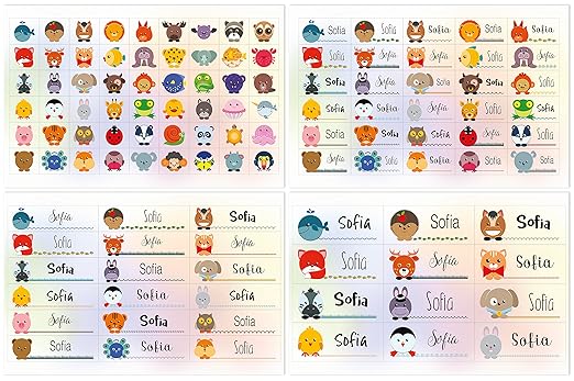 Kigima 114 Aufkleber Sticker Namens-Etiketten rechteckig Sofia Verschiedene Größen und Tiermotive