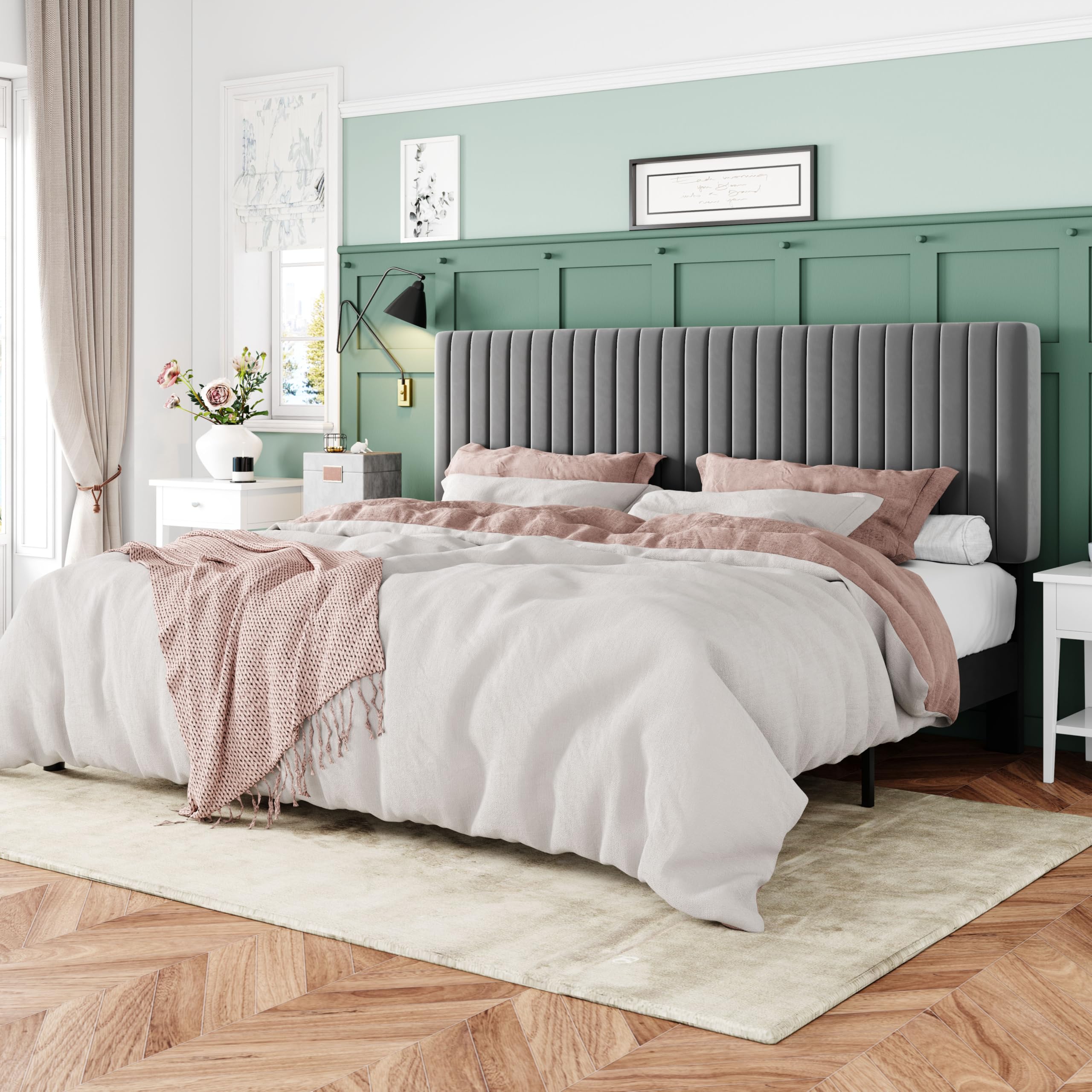 Allewie King Bed Frame, Velvet Upholstered Platform Bed with Adjustable Vertical Channel Tufted Headboard, Mattress Foundation with Strong Wooden Slats, Box Spring Optional, Easy Assembly, Grey Image Allewie King Bed Frame, Velvet Upholstered Platform Bed with Adjustable Vertical Channel Tufted Headboard, Mattress Foundation with Strong Wooden Slats, Box Spring Optional, Easy Assembly, Grey Image