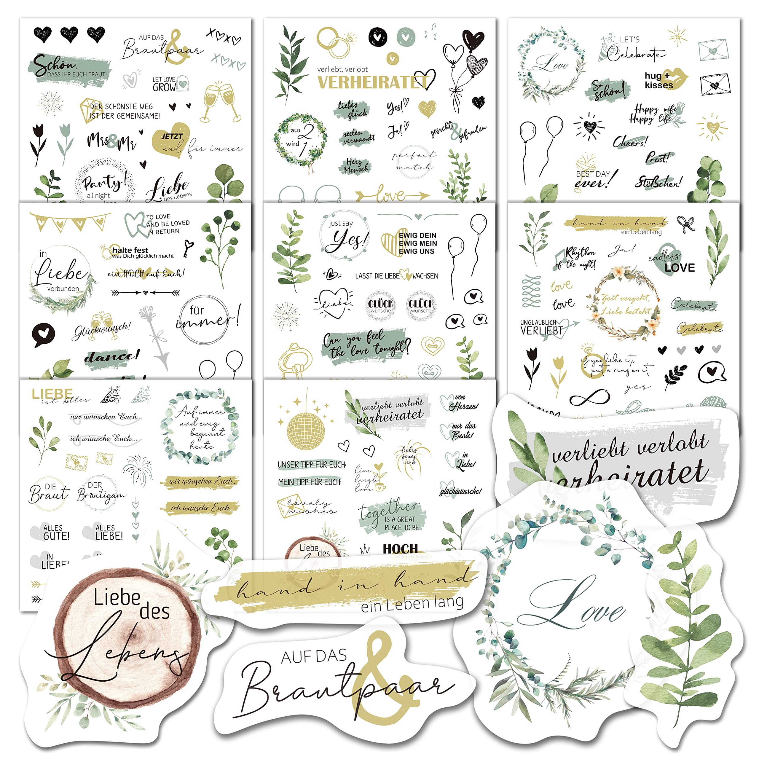 BIROYAL Wedding Stickers (200+ Designs) - 8 Pages, Vinyl, Heart, Red, Waterproof, Romantic, Playful, Chrome Finish, Scrapbook, Wedding Guest Book & Photo Album