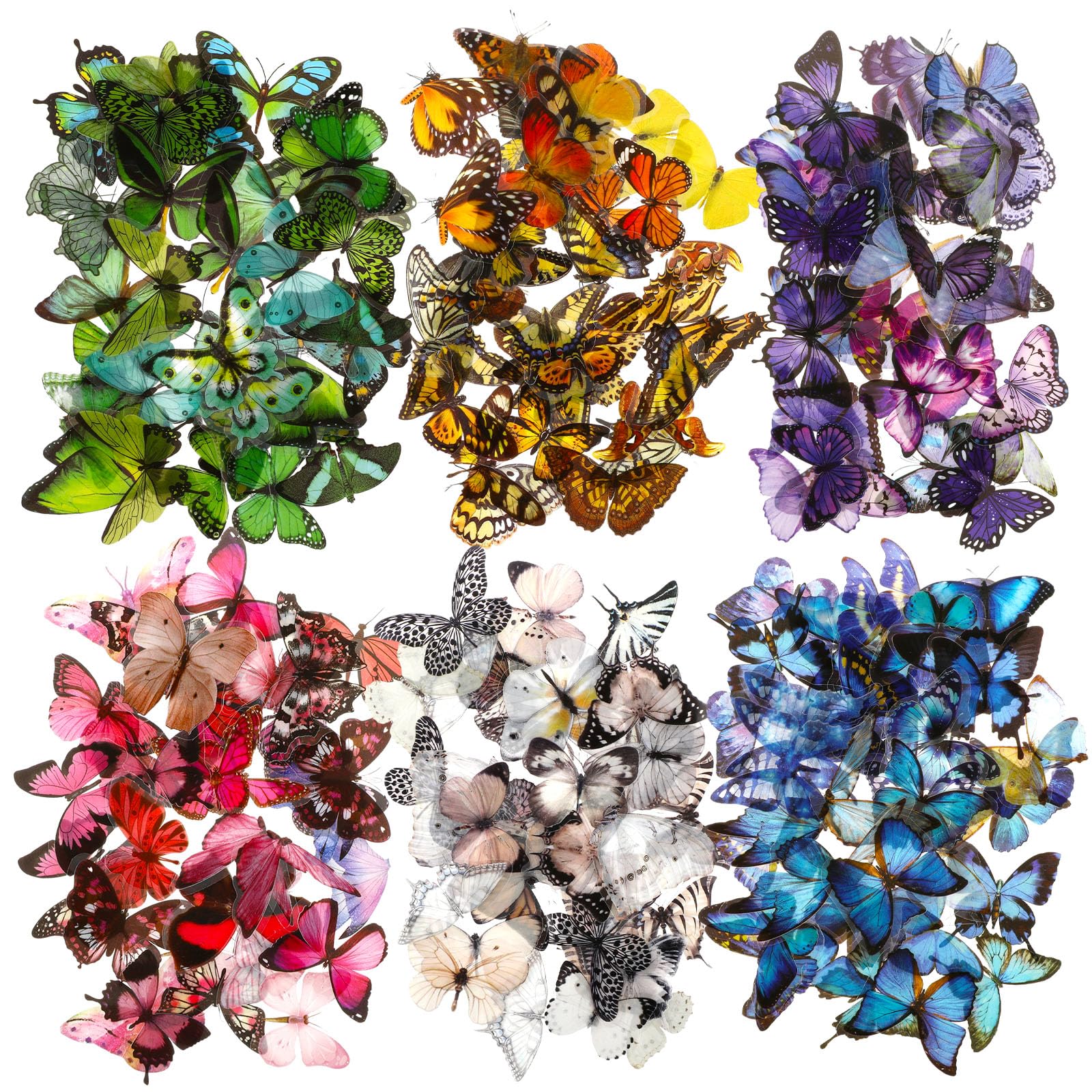 COMNICO 240PCS Butterfly Stickers, PET Waterproof Transparent Colorful Resin Decals Decorative for Nature Scrapbook Planners Laptops DIY Handbook Paper Crafts