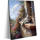 Charming Cat Canvas Wall Art Cute Cat Basking in The Sun Lazily on the Balcony Wall Decor Picture Modern Landscape Animals Poster Print for Living Room Bedroom Artwork Home Decoration 12x16in