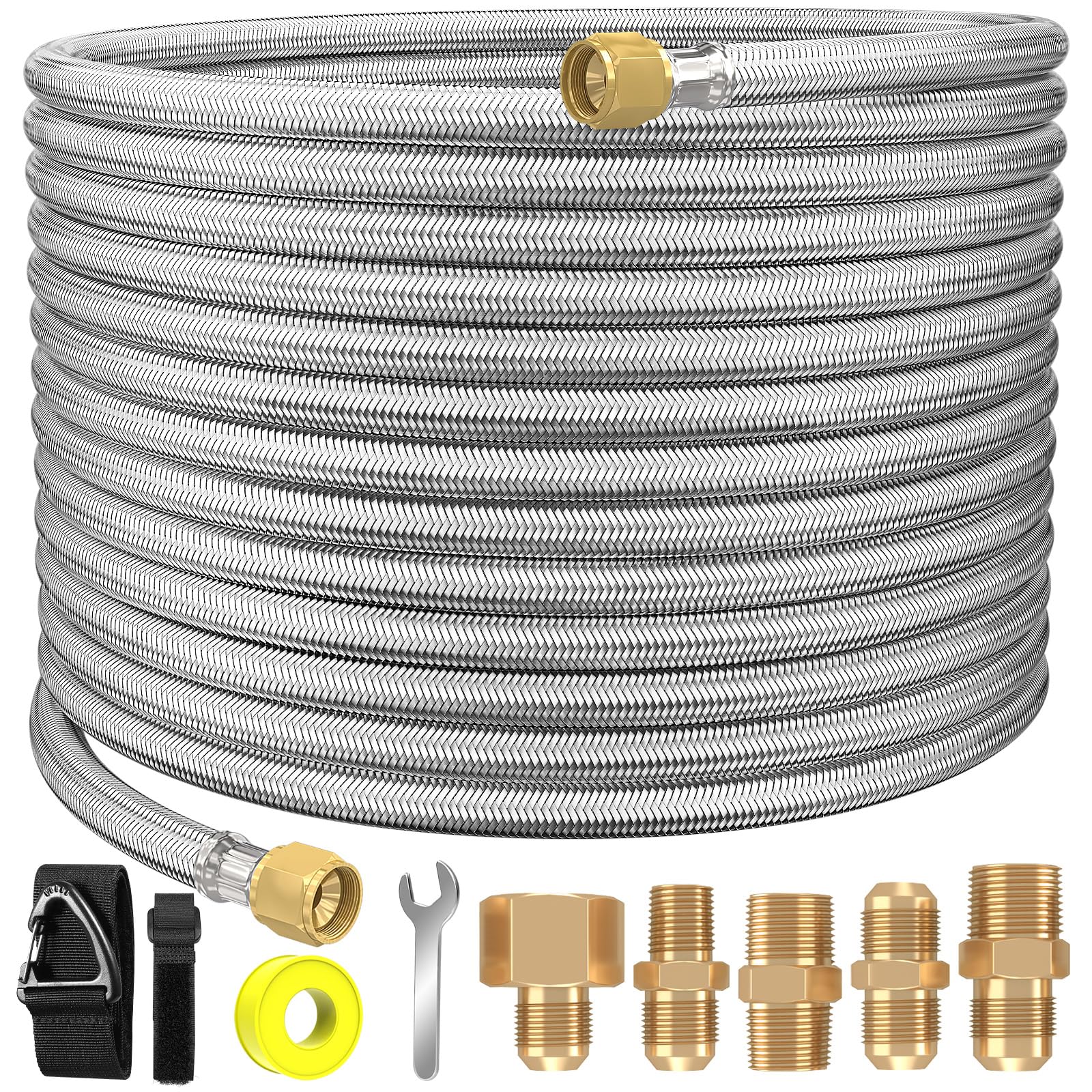 Photo 1 of 48Ft High Pressure Braided Propane Hose Extension and Fittings with Conversion Coupling 3/8" Flare to 1/2" Female NPT, 1/4" Male NPT, 3/8" NPTMale, ?” Male Flare for BBQ Grill, Fire Pit, Heater