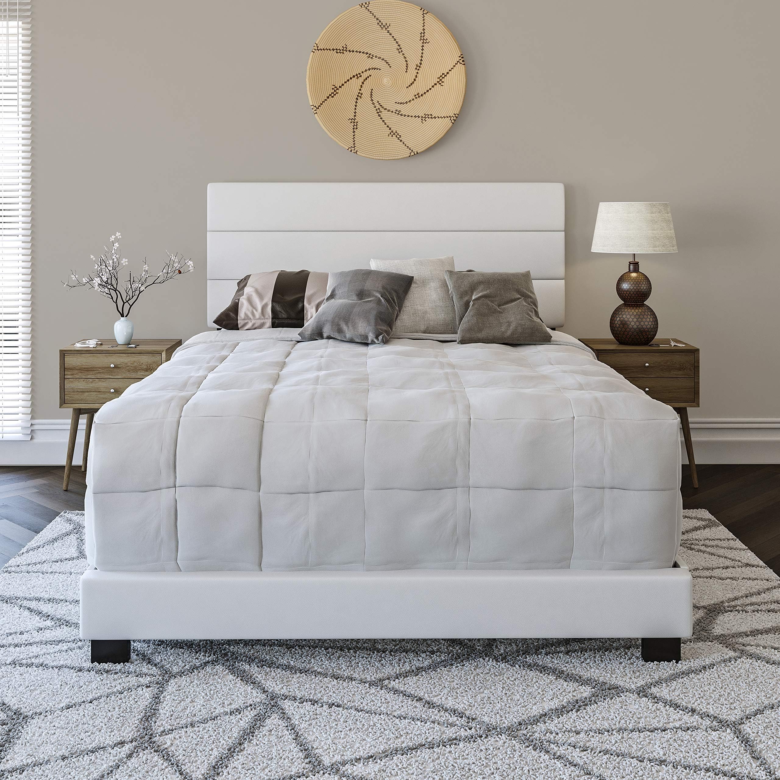 Boyd Sleep Montana Upholstered Platform Bed Frame Mattress Foundation with Tri-Panel Headboard and Strong Wood Slat Supports: Faux Leather, White, Queen