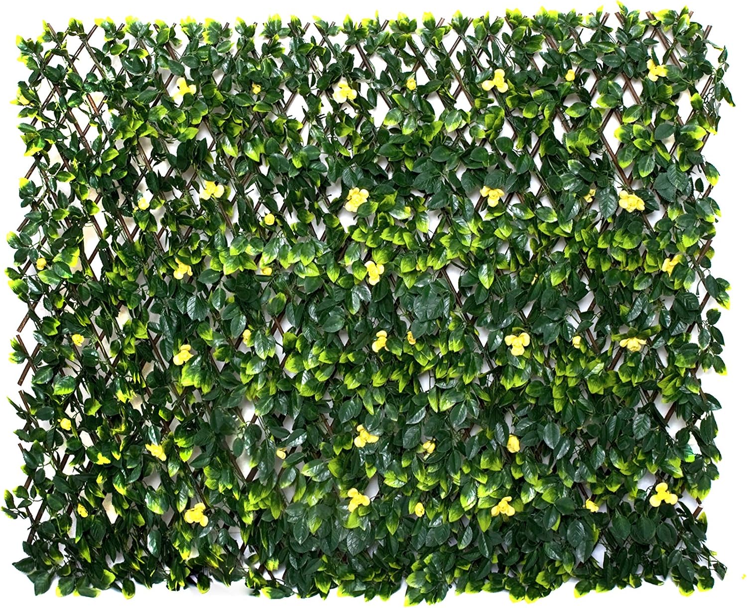 GreenBrokers Trellis Artificial Expanding Willow Fence with Green Leaf Foliage and Yellow Flowers (1m x 2m) -UV Stable, A1261-01