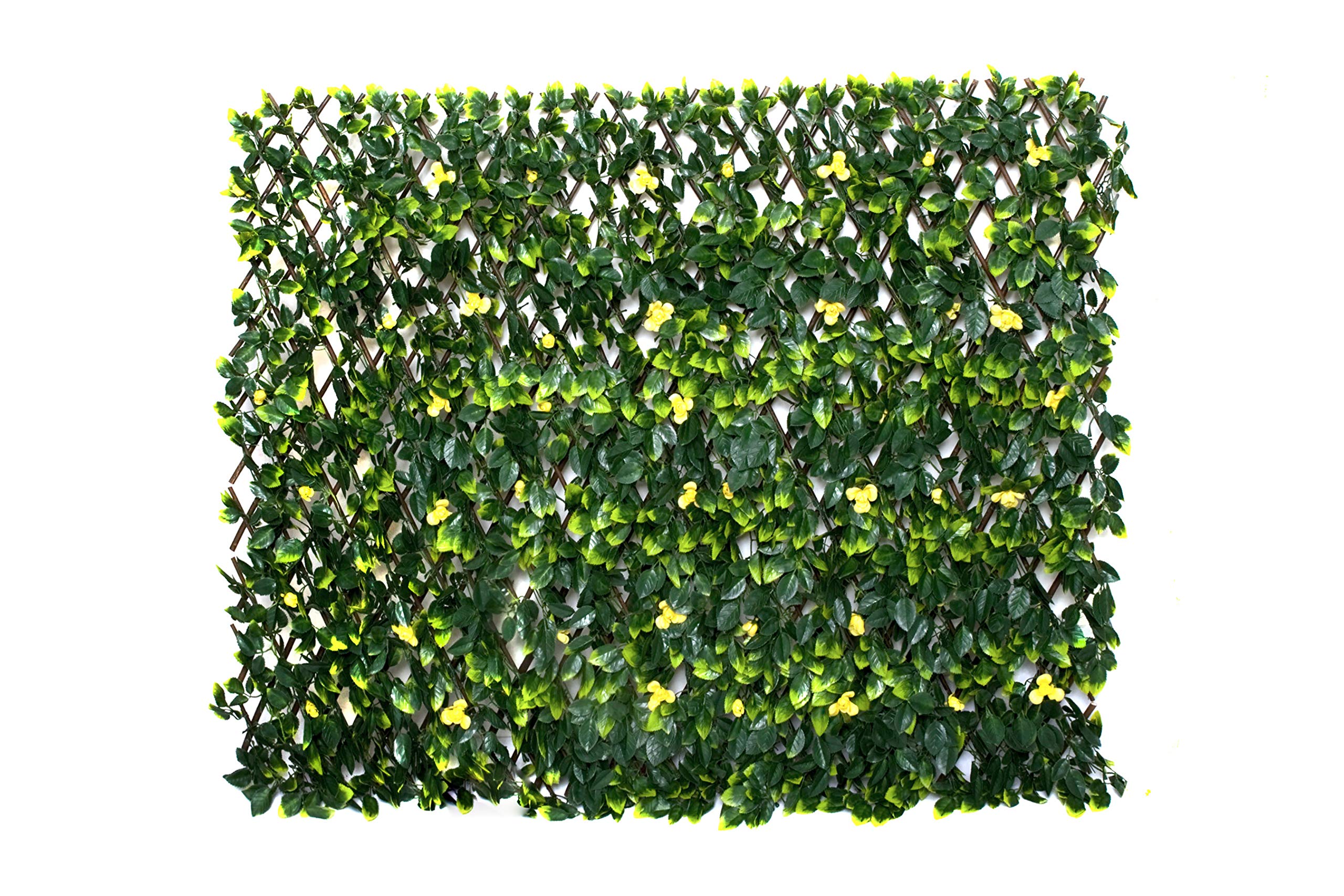 GreenBrokers Trellis Artificial Expanding Willow Fence with Green Leaf Foliage and Yellow Flowers (1m x 2m) -UV Stable, A1261-01