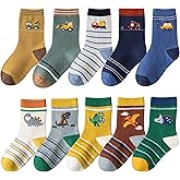 SATKELA Toddler Boys Cotton Socks Little Kids Big Boys Crew Dress Socks Colorful Striped Cartoon Dinosaur Car socks