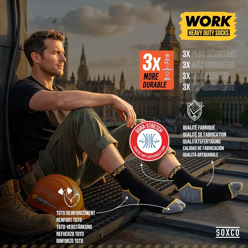 Chaussettes de travail mi-hautes noires homme | Technologie DRI-WIK d’évacuation de l’humidité | Semelle ultra douce et coussinée | Talon et pointe renforcés | WORK socks lot de 10 paires 43-46